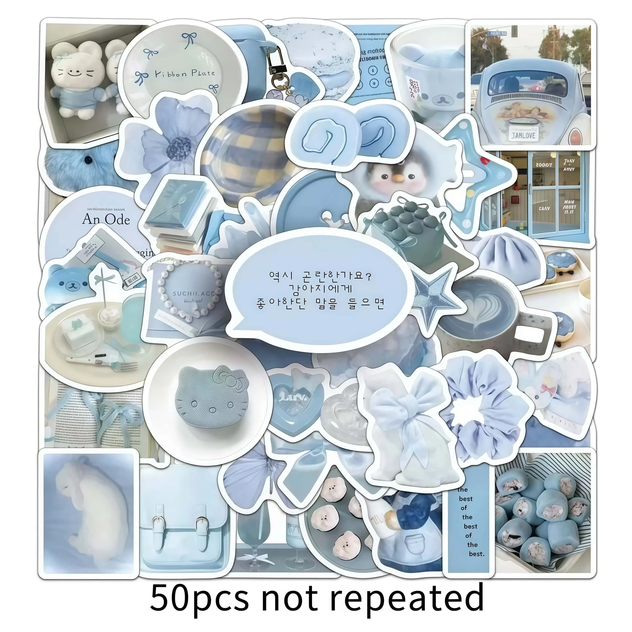 50Pcs Light Blue Aesthetic Stickers, Soft Pastel Bow Coffee Animal Decals for Journal Laptop Water Bottle Scrapbook DIY Decor