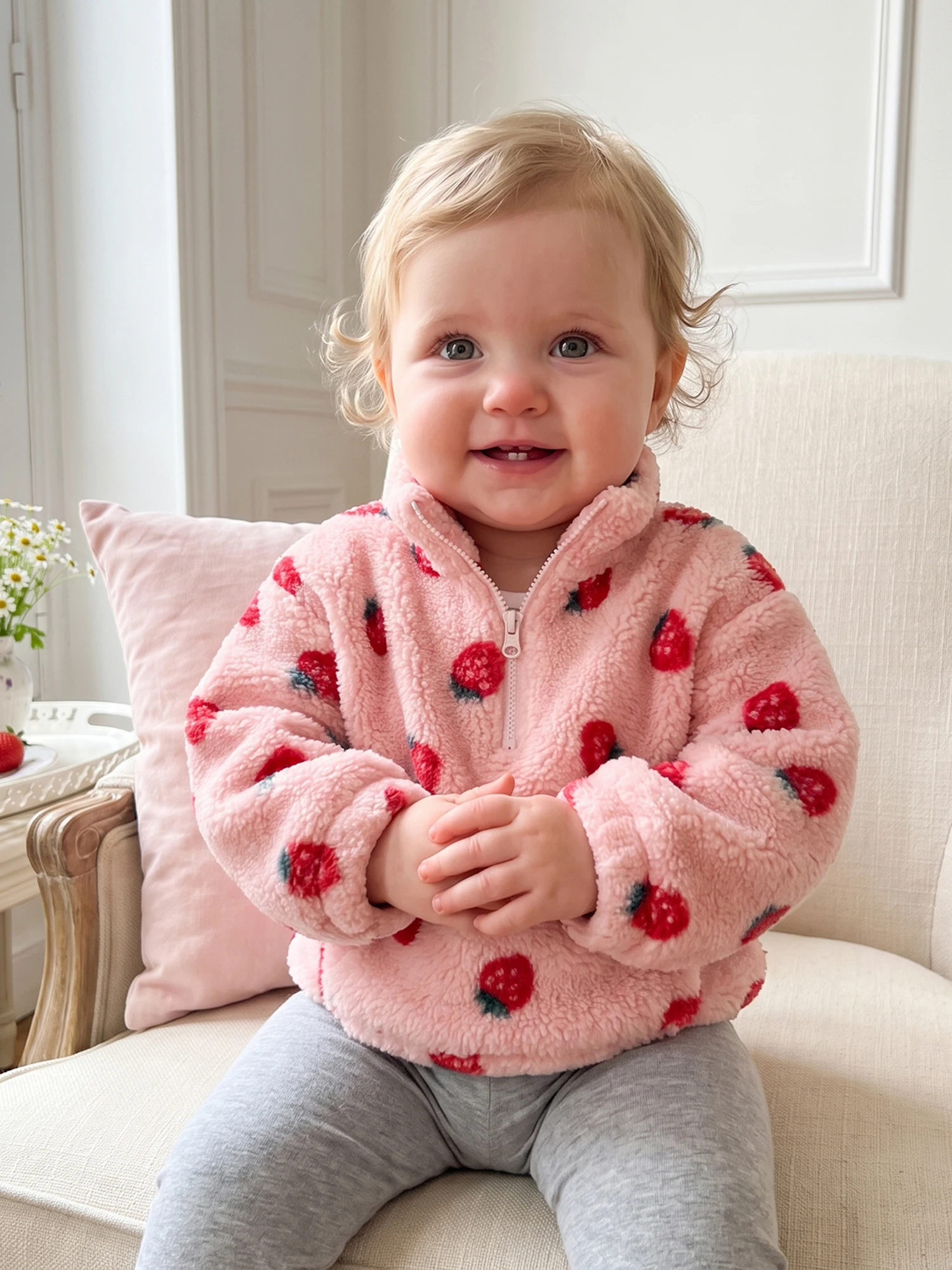 Strawberry Print Zip Pullovers Toddler Girl Sweatshirts Girl-Sweatshirts-Strawberry Strawberry Print Long Print Long Sleeve