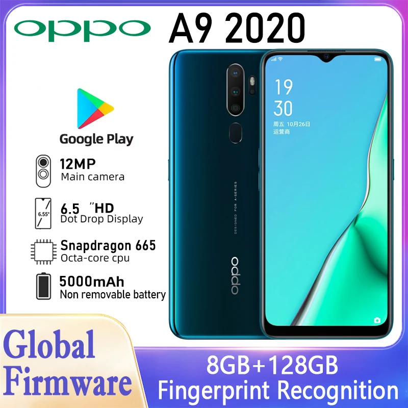 Смартфон OPPO A9 2020 LTE, разблокированный GSM, четырехместная камера 6,5 дюйма, 12 МП (двойная SIM-камера) (Snapdragon 665) (белый/зеленый/синий глобальный) 5000 мАч