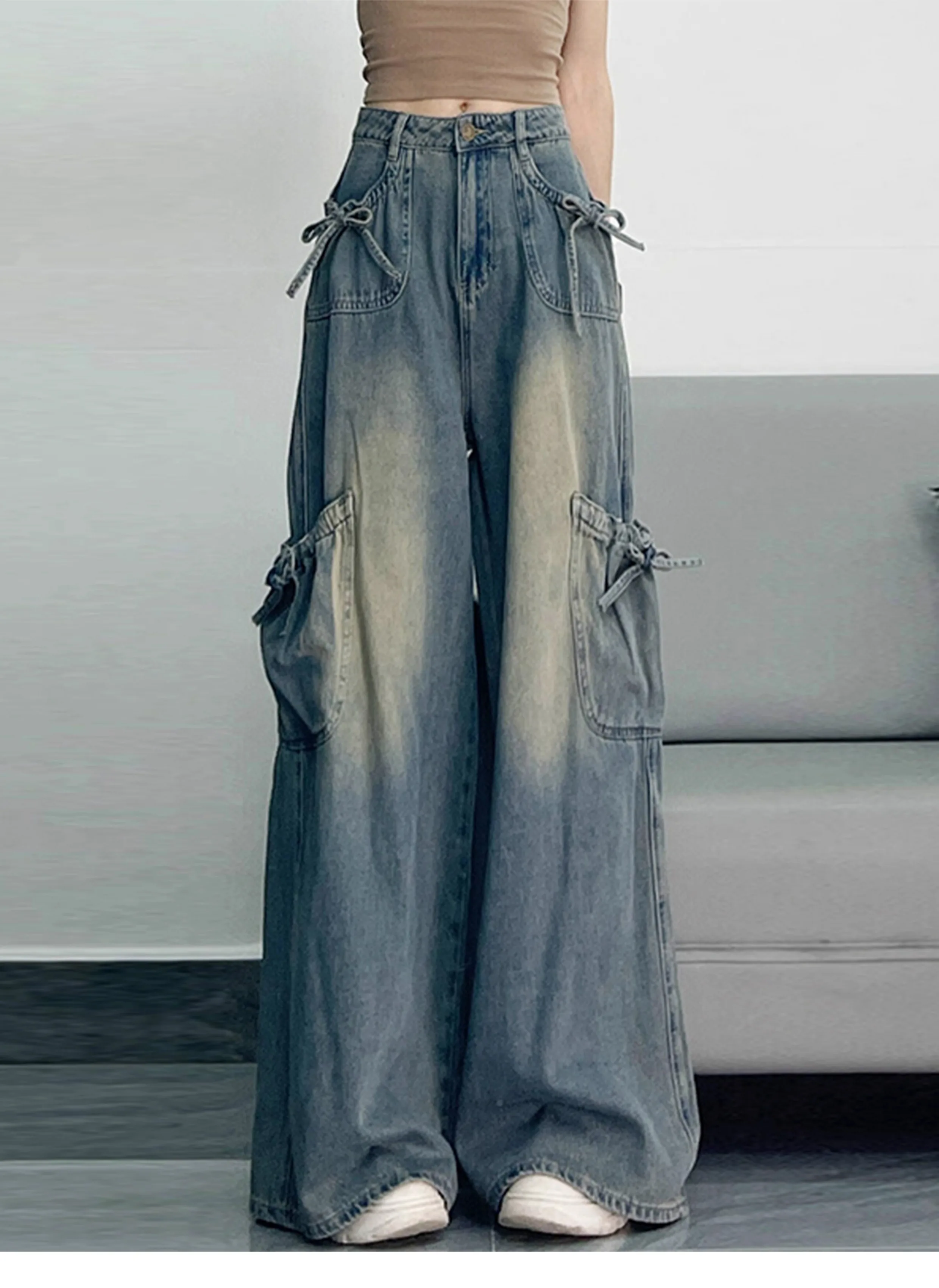 Jean rétro bleu multi-poches pour fille, grande taille 2XL-6XL, avec nœud doux, pantalon polyvalent, rajeunissant, jambes larges, printemps automne