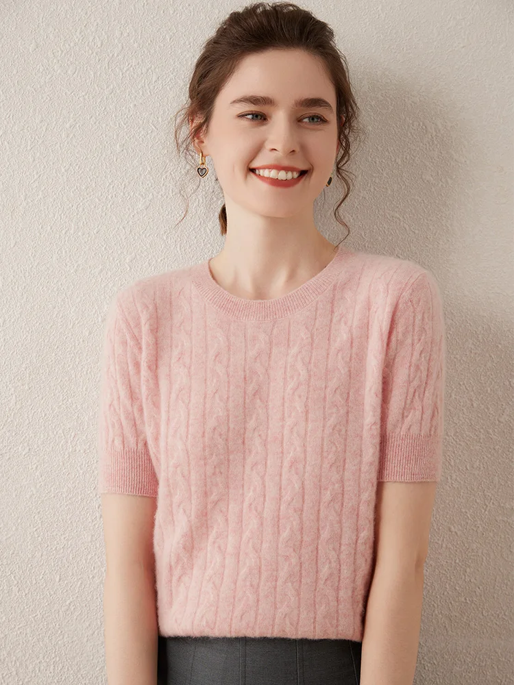 High Quality 100% Cashmere Sweater Women's O-Neck Short Sleeve Pullover Spring Autumn Cashmere Knitwear T-shirt Female Clothing