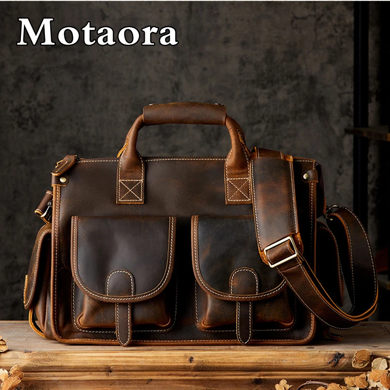 

MOTAORA Vintage Men Satchels Messenger Bag Genuine Leather Luxury Man Handbags High Quality Crazy Horse Leather Male Travel Bags