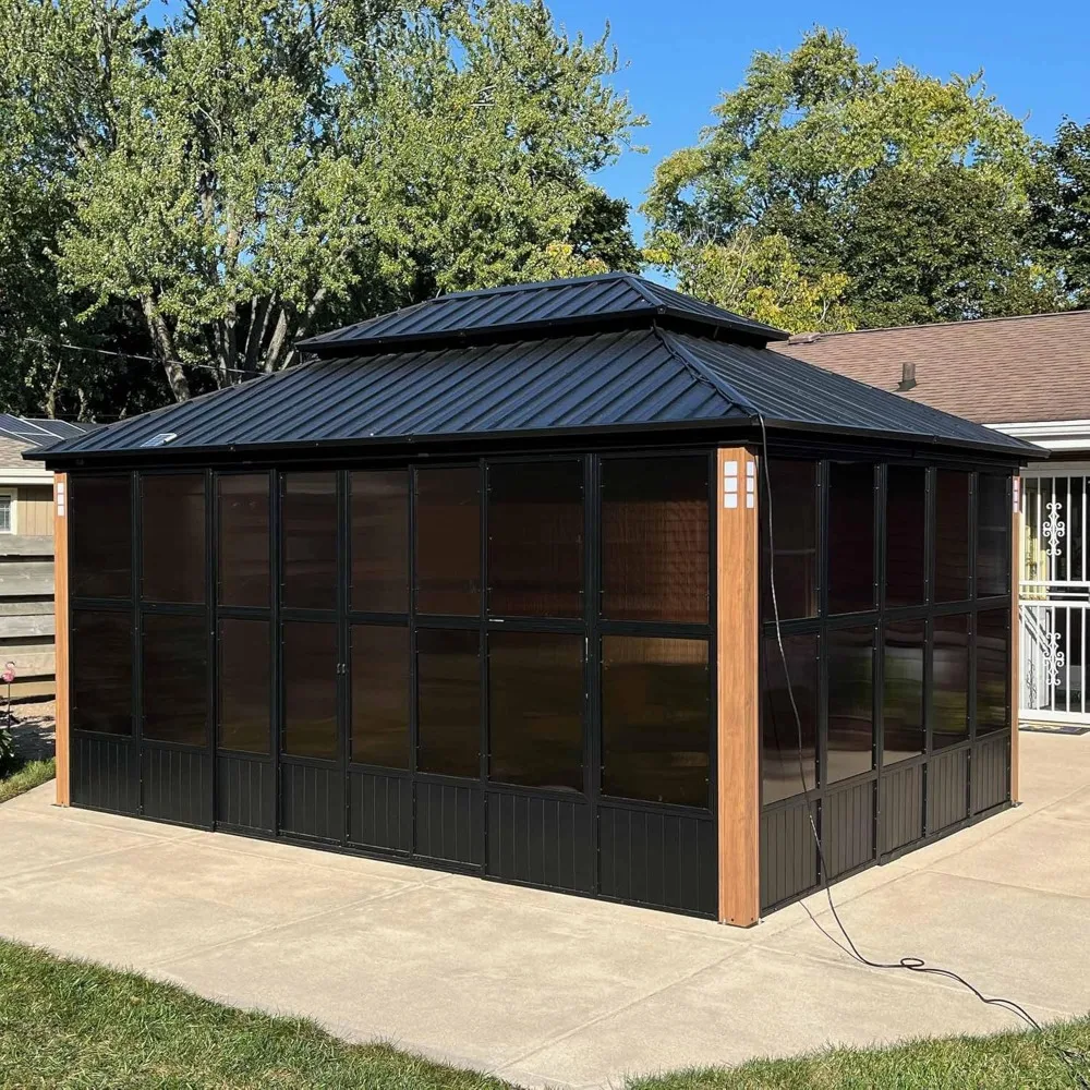 12'X 16 'Sunroom Terrace Hardtop Pavilion Double layer Galvanized Steel Roof Outdoor Screen Aluminum Sunroom Backyard Sunroom