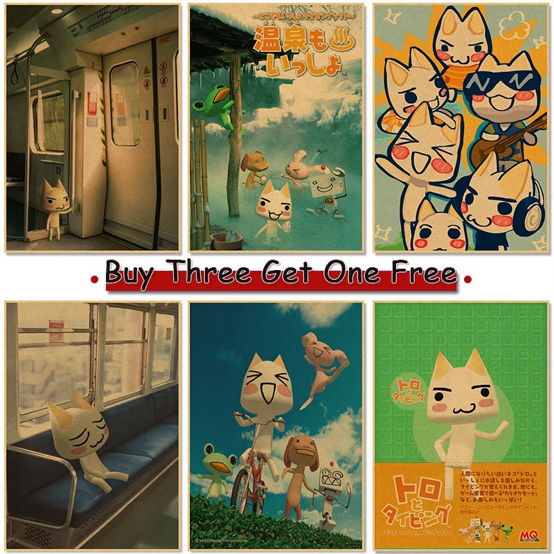 Inoue-póster de gato lindo de toro, decoración de la habitación del hogar, póster de papel Kraft, Juego de dibujo, arte de pared, pegatinas de pared