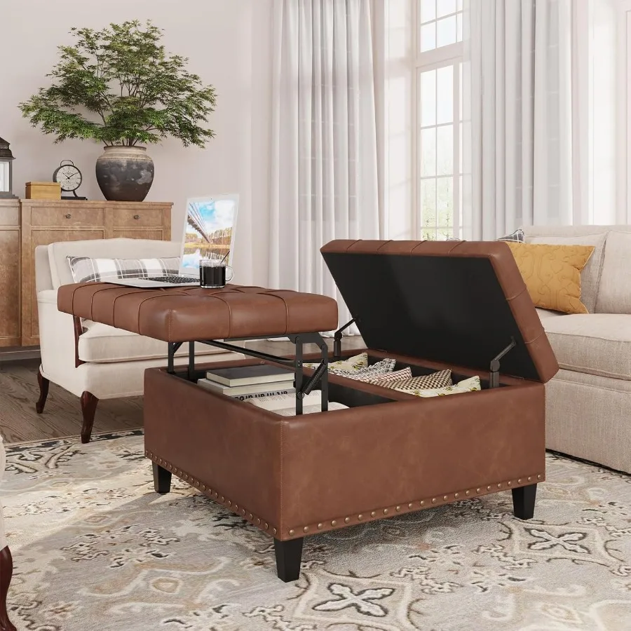 مسند جلدي مربع كبير مع مساحة تخزين مخفية وتصميم علوي متعدد الاستخدامات ومسند للقدمين مع زعانف من الجلد الصناعي #3