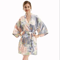 2024 Spring New Ladies Silk Satin Thin Robe Comfort Fresh Style Floral Printed Sleepwear Sexy Nightgown Femme Cozy Homewear