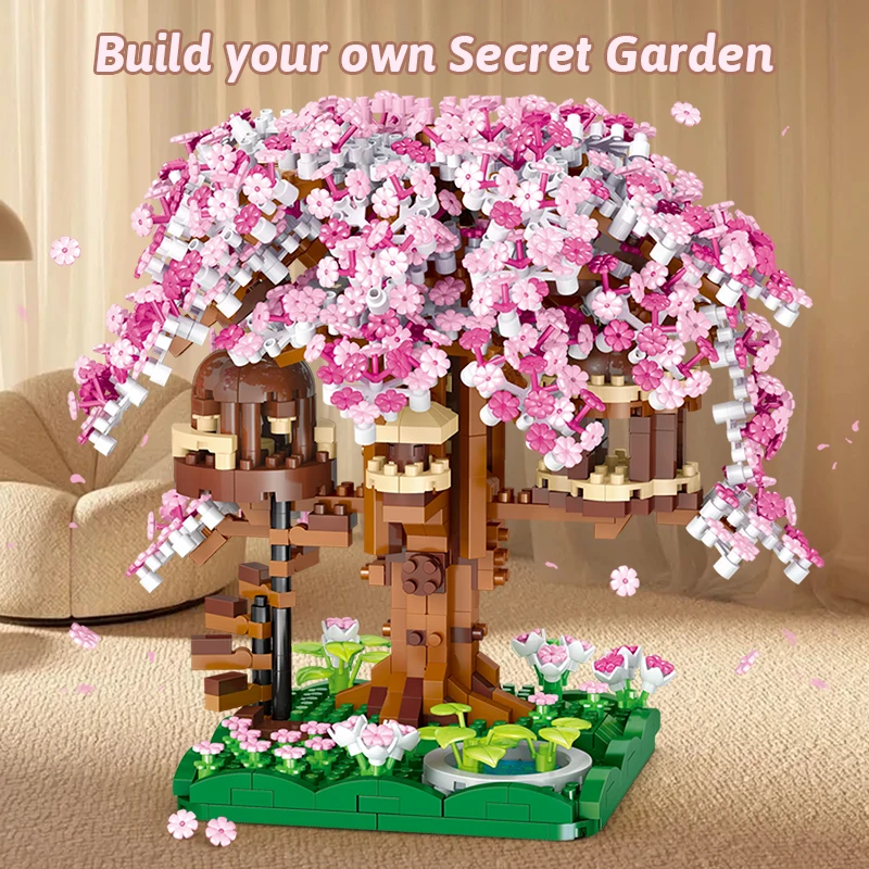 Building block toy pink cherry blossom treehouse rainbow treehouse building block children's parent-child assembly toy