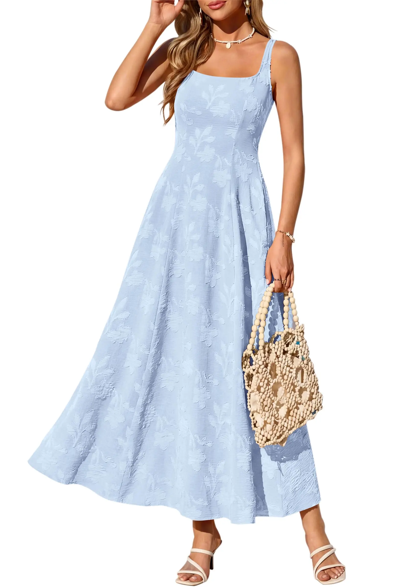 

Womens Sleeveless Square Neck Floral Embroidered Boho Maxi Dress Summer Casual Beach Vacation