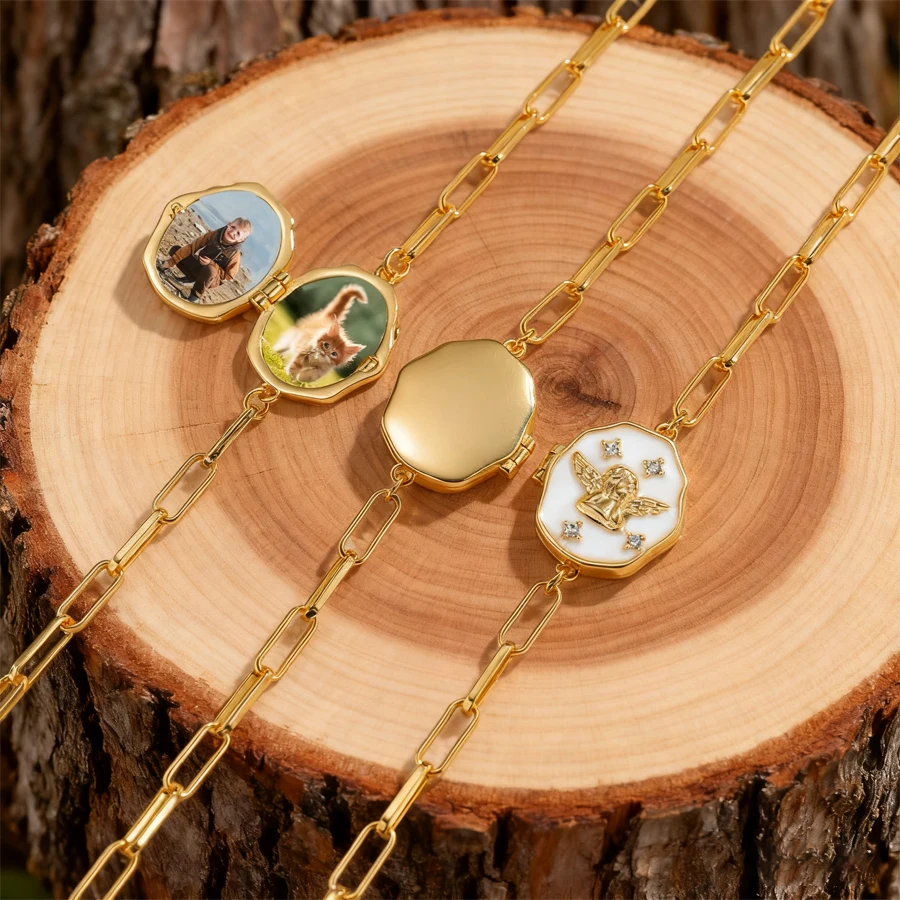 

Acheerup Personalized Colorful Photo Album Bracelets Alloy Copper Custom Pet Picture Angel Pendant Hand Chain Locket Family Gift