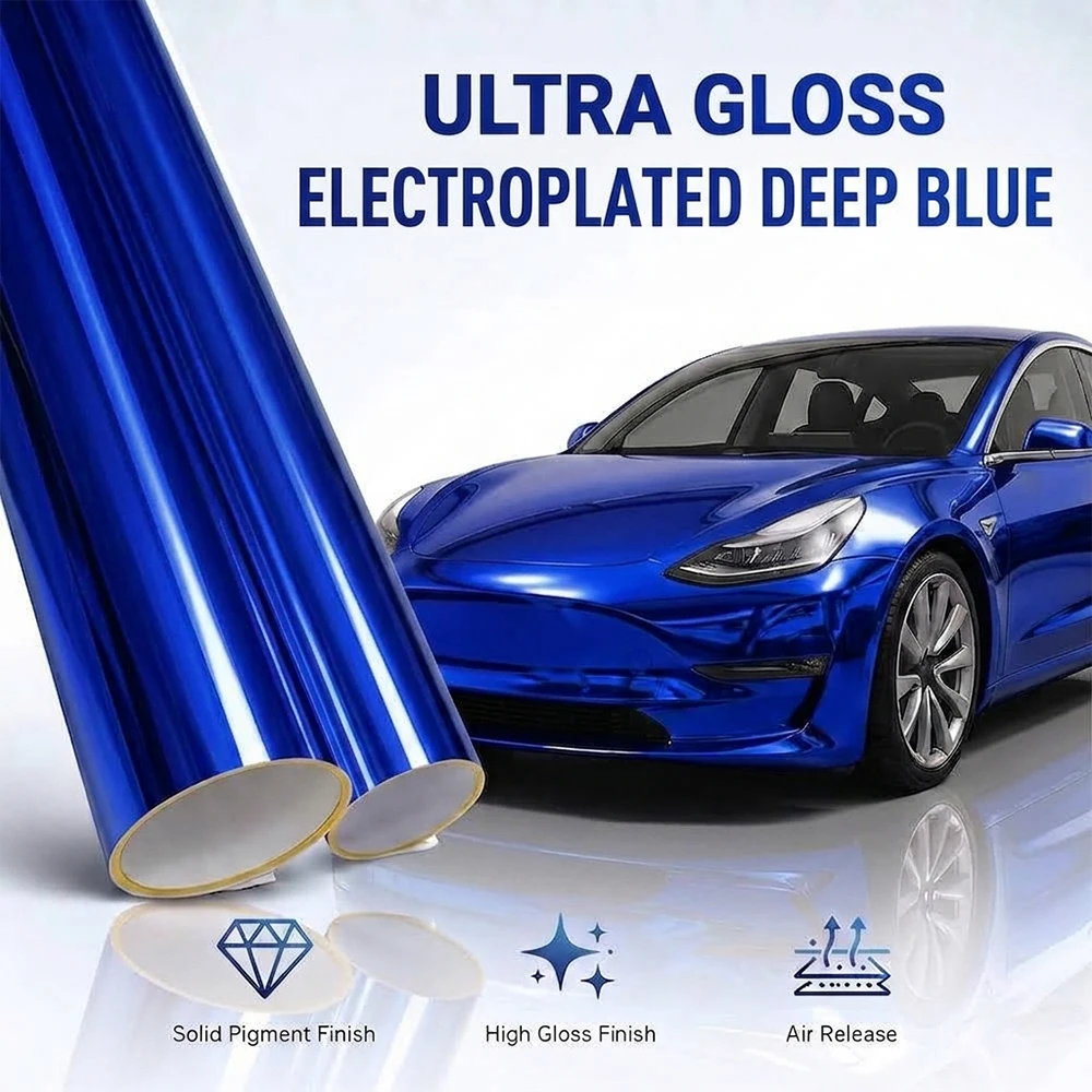 Gloss Chrome Plating Mirror Deep Blue Electro Coating Film Car Vinyl Electroplate Sticker PVC Auto Body Color Change Decor Film