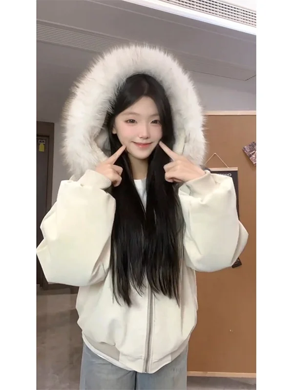 

Женское хлопковое пальто со съемным меховым воротником Thiened Fce, зимнее теплое пальто с капюшоном, длинное пальто в американском стиле, застежка-молния