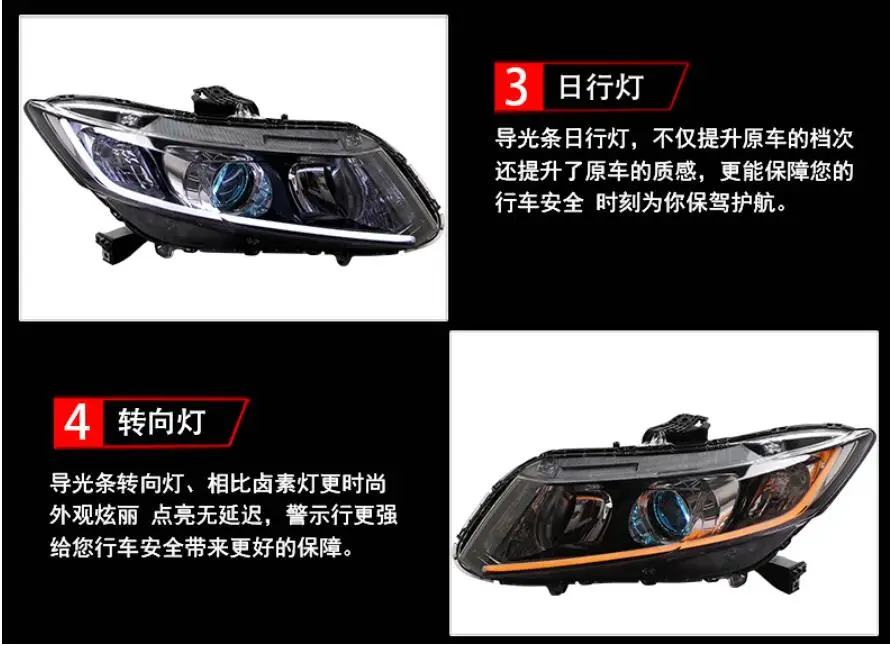 2pcs Cars Styling Headlights For CIVIC 9th Headlight DRL 2012 2013 2014 2015year LED Running lights Bi-Xenon Beam Fog