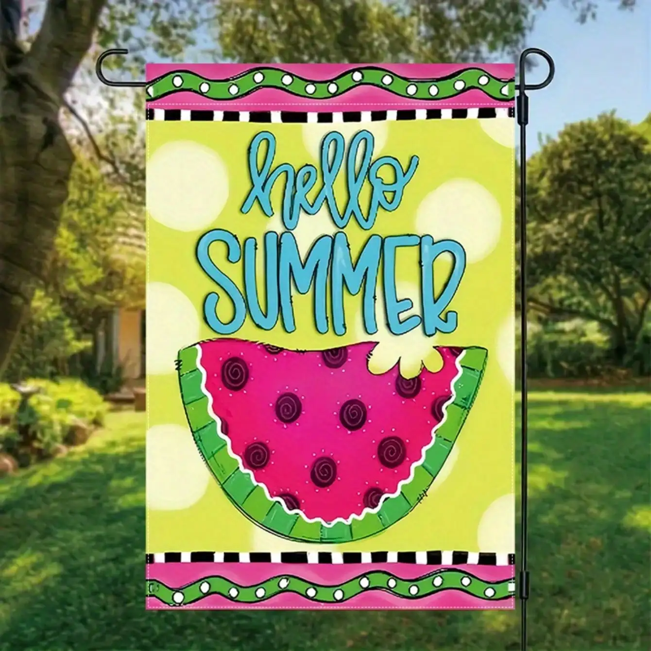 1 unidad, Bandera de jardín con diseño de sandía de verano, con un diseño de colores vibrantes, borde de lunares rosas y detalles de hojas verdes.