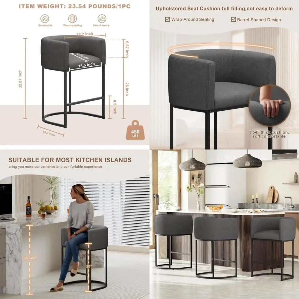 

Set of 3 Linen-Cloth Upholstered Counter Height Bar Stools with Backrest and Arms, Carbon Black, Supports 450 lbs
