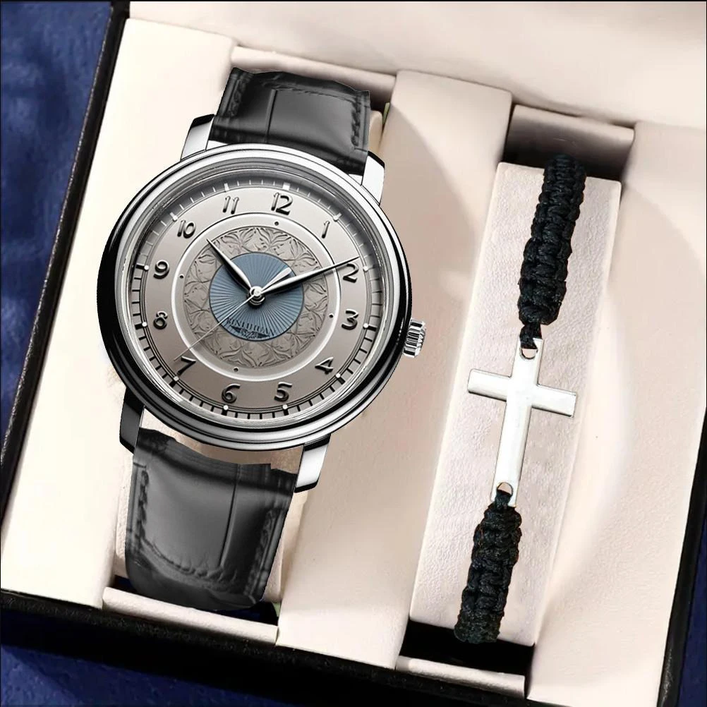 시계 2Pcs 세트 무료 팔찌 패션 남자 비즈니스 가죽 방수 석영 시계 생일 발렌타인 데이 휴일 선물