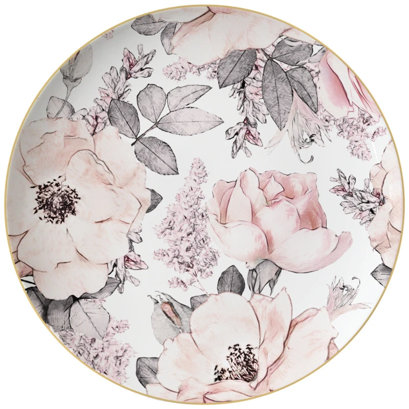 Large Pink Gold Edged Ceramic Plate Restaurant Household High Quality Bone Porcelain Dishes and Plates Sets