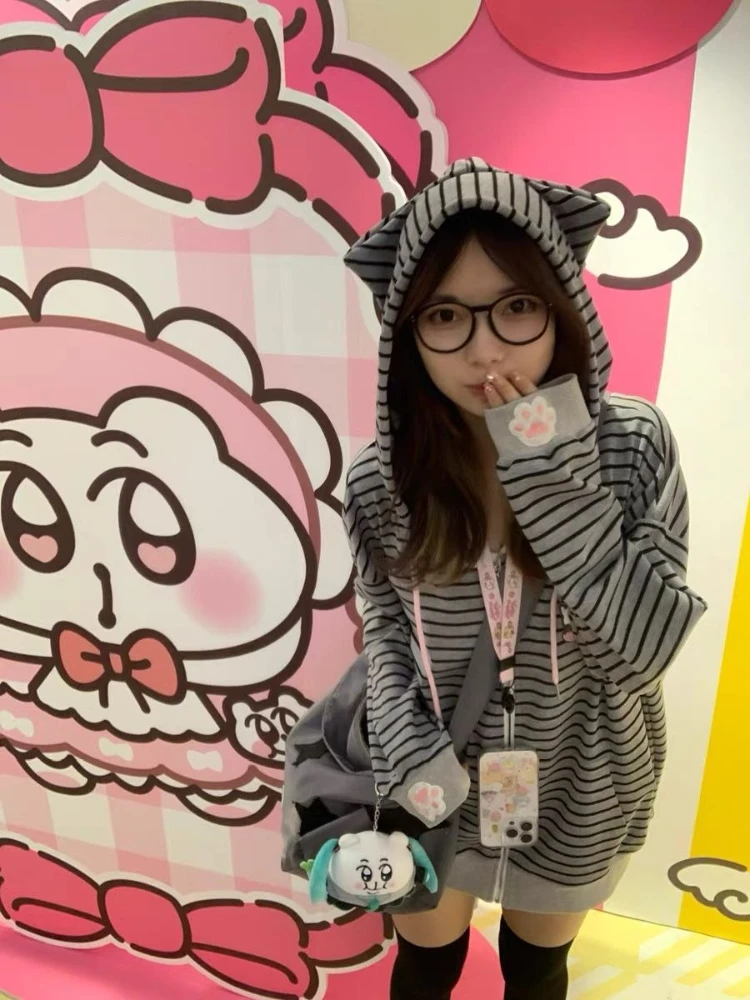 HOUZHOU Gray Cat Embroidery Women Hoodies Cutecore Striped Japanese Style Kawaii Sweet Zipper Sweatshirt Loose Cat's Ears Preppy