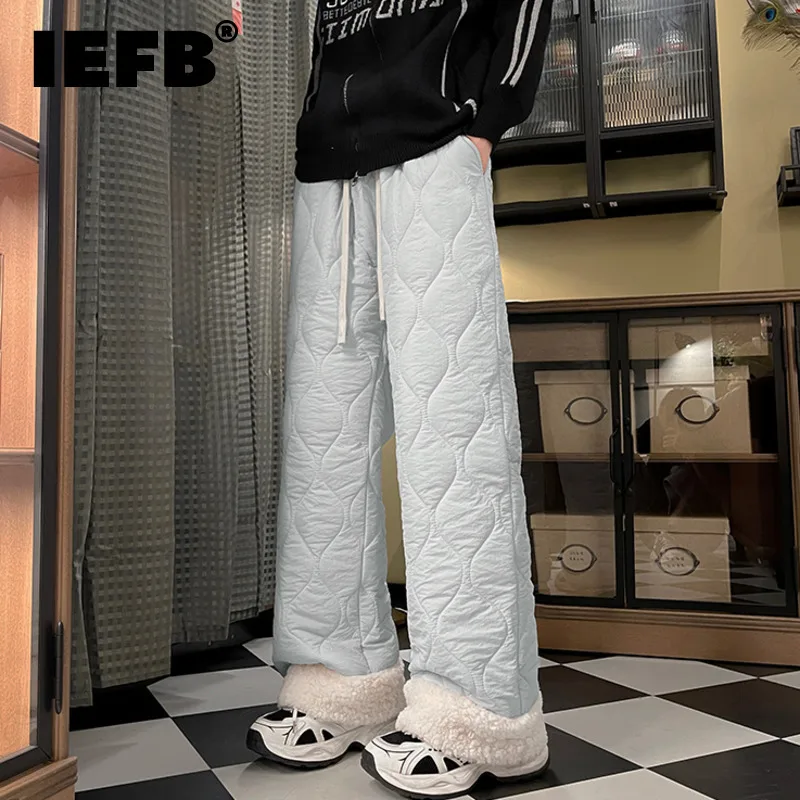 IEFB Korean Style Men's Thick Pants Casual Diamond Check Elastic Waist Drawstring Lamb Wool Straight Wide Leg Male Bottom 9C8595