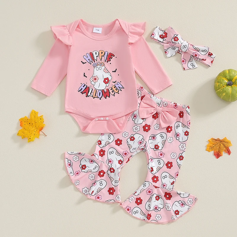 

2024-06-20 Lioraitiin Baby Girl Halloween Outfit Letter Long Sleeve Romper with Ghost Pattern Flare Pants and Headband 3 Pcs Set