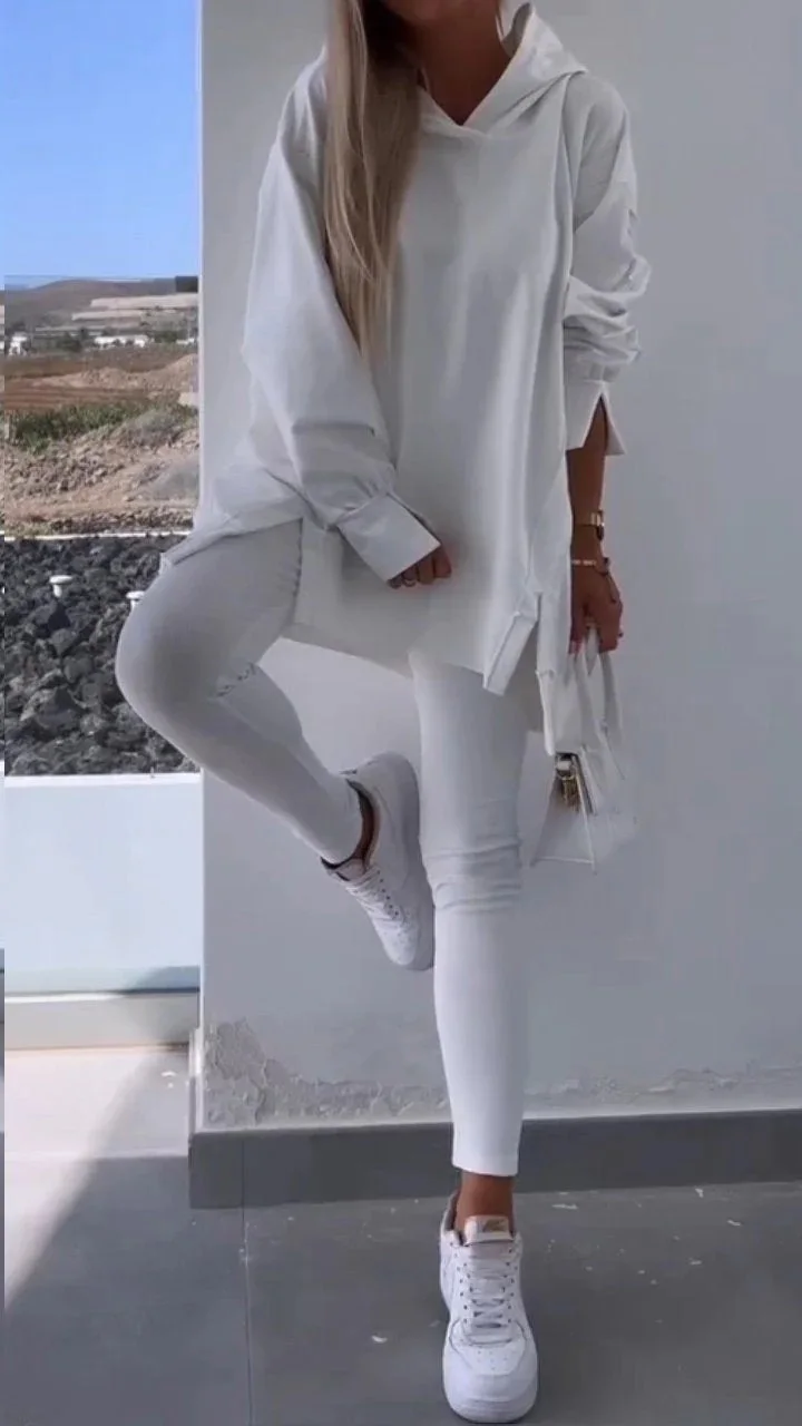 Autumn Winter Fashion Solid Color Split Two Piece Sets Women Hooded Long Sleeved Sweatshirt Tight Pants Casual Two Piece Set image 2