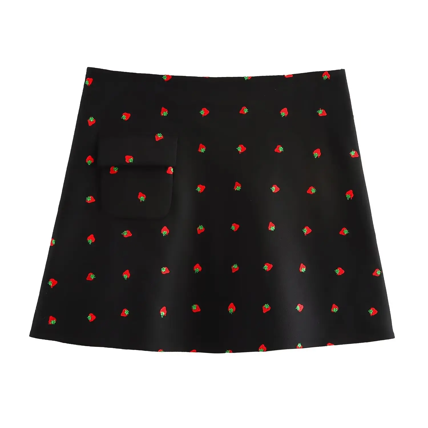 HH TRAF 2024 Summer Woman Chic High Waist Back Zipper Casual Short Skirt Women Fruit Embroidery Pocket Decorate Mini Skirt