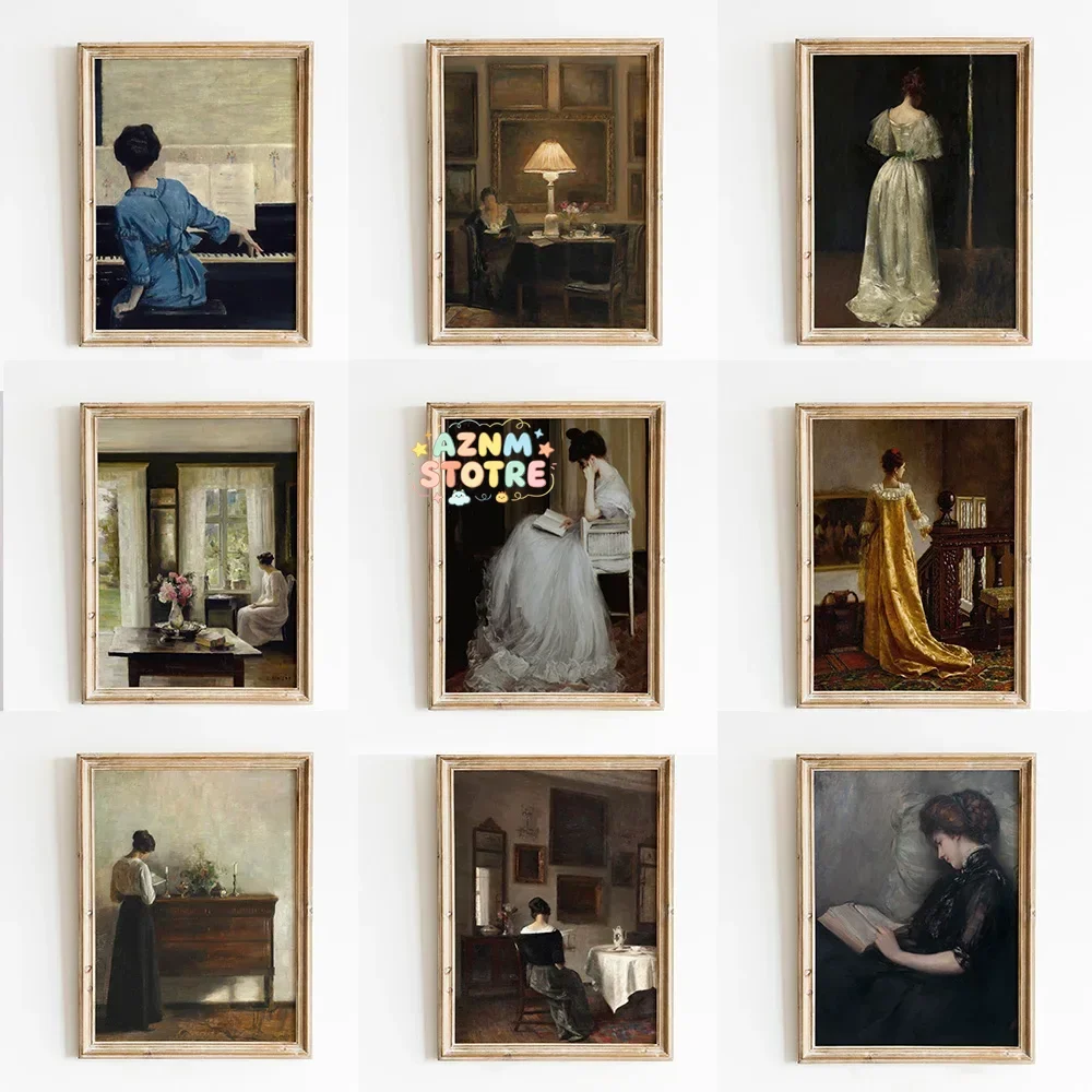 Vintage Moody Victorian Woman Reading Playing Piano Elegant Portrait Poster Canvas Painting Wall Art Pictures Home Room Decor