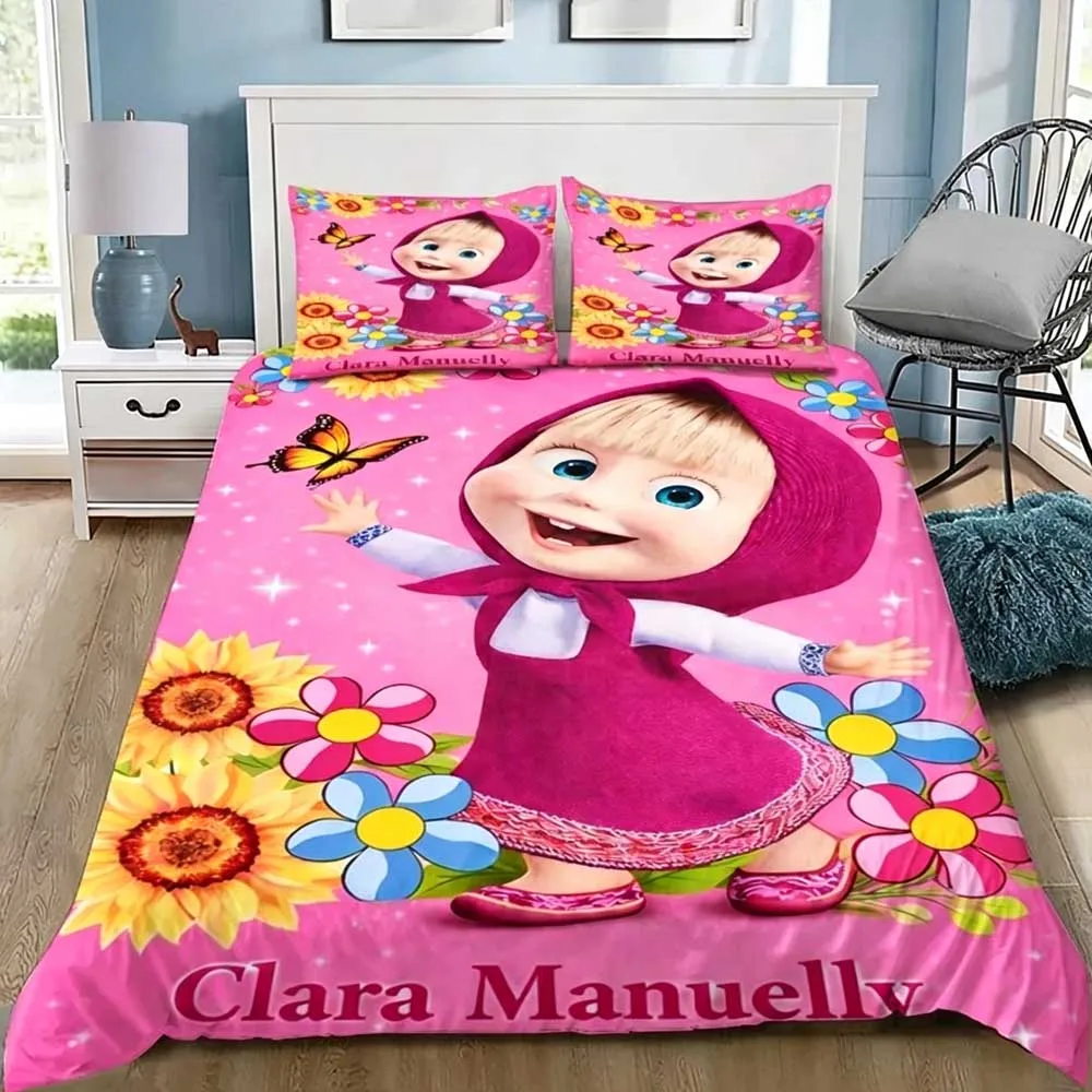 Fashion M-Masha Cartoon Bear Bedding Set Single Twin Full Queen King Size Bed Set Kids Bedroom Duvetcover Sets Bed Sheet Set