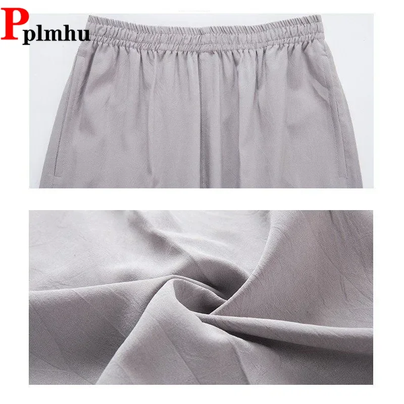 Mom's Elastic High Waist Straight Pants Basic Ankle Length Baggy Trousers Casual Capris Women Thin Summer Harem Pantalones