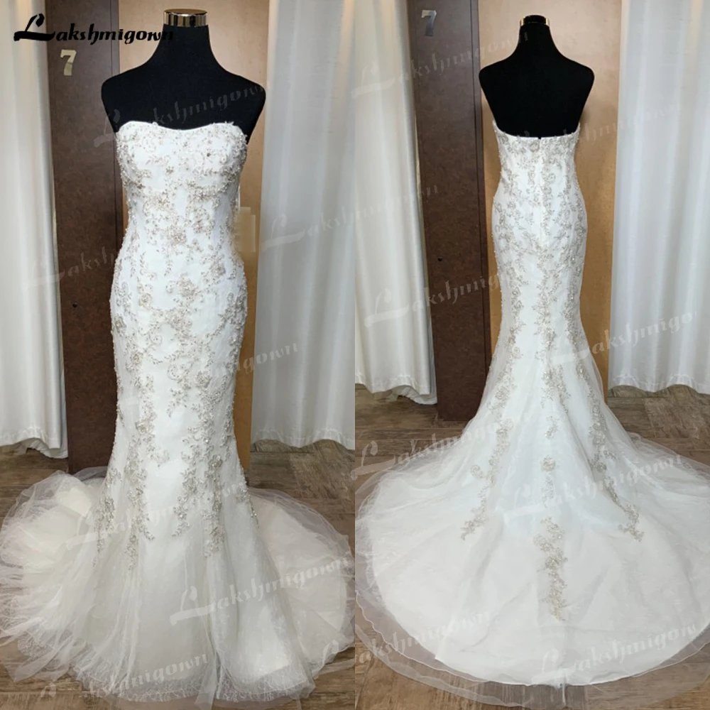 

Gorgeous Wedding Dress Mermaid Gown Beautiful Silver Crystal Beaded Lace Strapless Floor Length Custom Made vestidos de noche