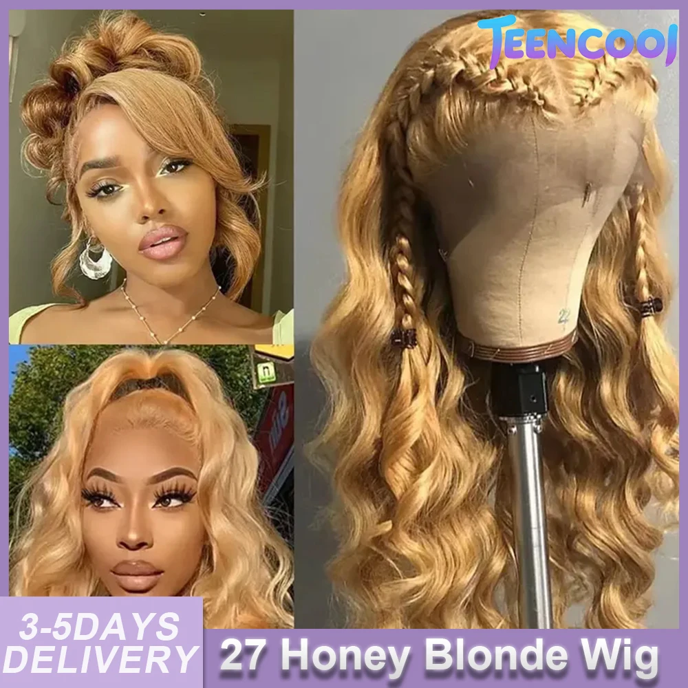 

27# Body Wave Honey Blonde Color 13x4 HD Lace Front Wigs Human Hair 200Density Highlight Lace Frontal Wigs Brazilian Pre Plucked