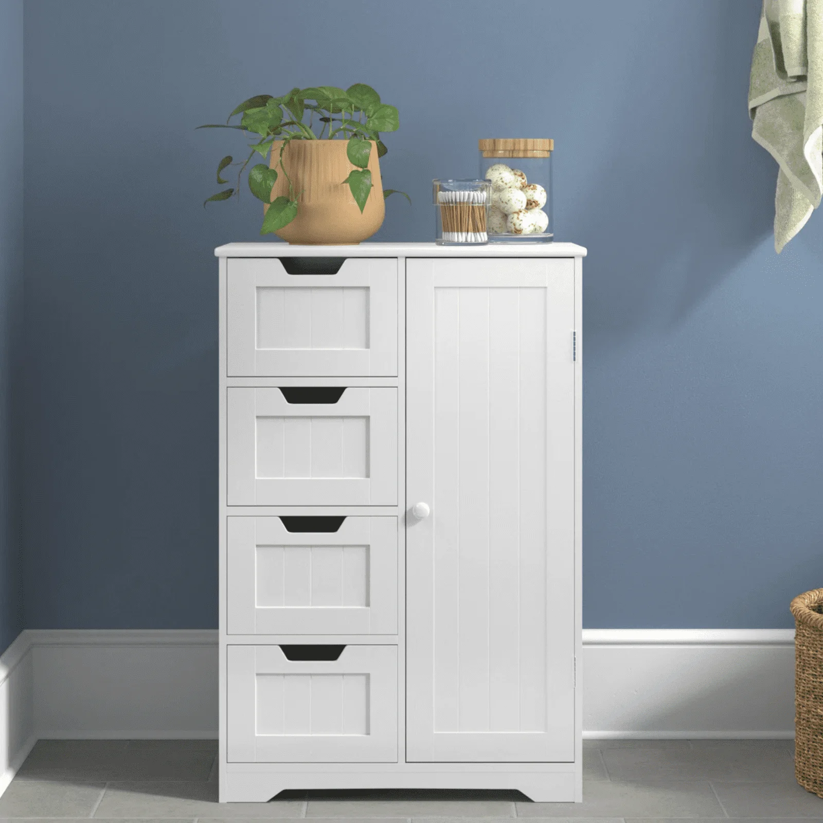 4 Drawer Linen Bathroom Cabinet, Wooden Cupboard Storage Cabinet with Adjustable Shelf, White Finish