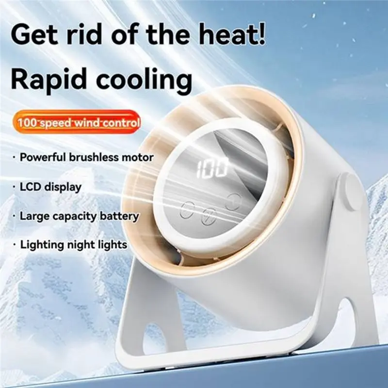 BABZ USB Desktop Fan 3-in-1 Hanging Multi-Purpose LCD Display, 100-Speed Portable Small Fan with LED Light Black