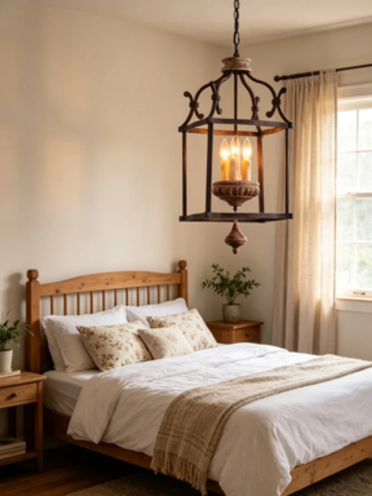 Birdcage pendant light, American retro square wrought iron entrance restaurant, clothing store showcase, homestay bedroom light