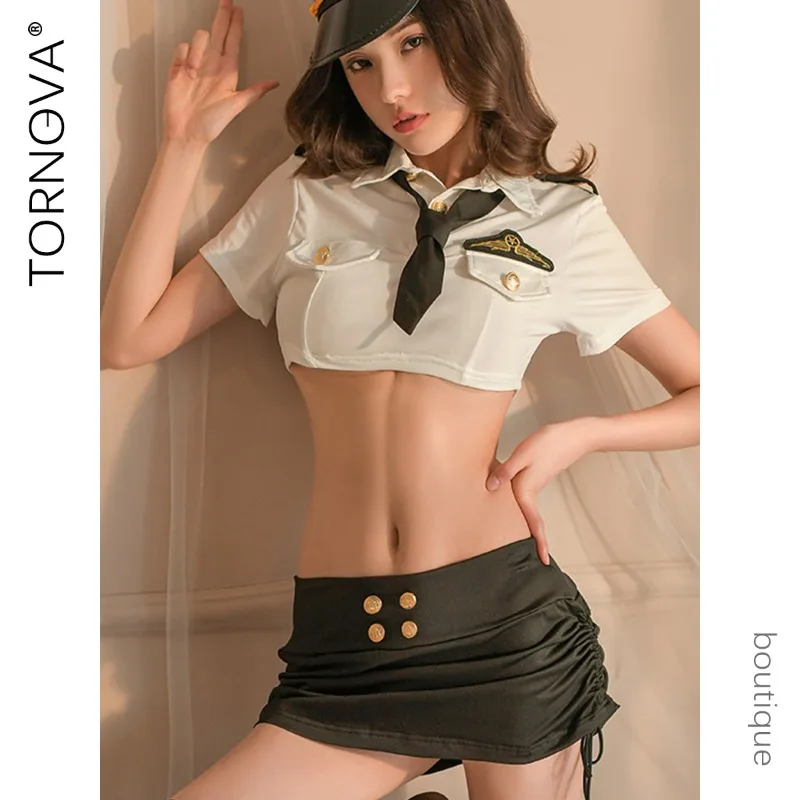 

Tornova Women Cosplay Stewardess Outfit Stockings Uniformset Skinny Exposed Navel High Waisted Interesting Stewardess Outfit Set