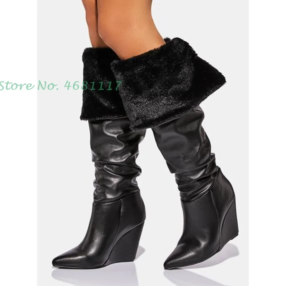 Pleated Fur Knee High Wedges Boots Women Sewing Pointed Toe Leather Long High Heel Shoes Black Brown Turned Over Edges Boots