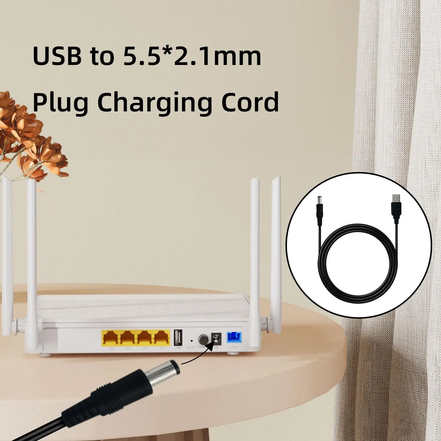 USB to DC 5.5x2.1mm Power Cable, Pure Copper Core, 24AWG Solderless Extension Cord for CCTV Camera Router LED Strip Lights