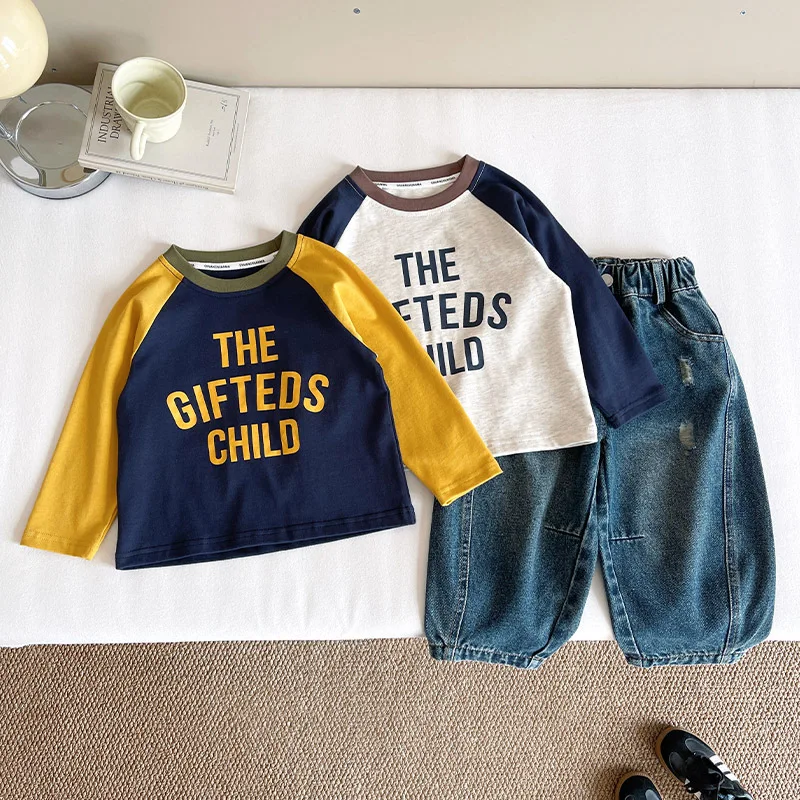 

Children's Clothing Casual T-shirts Children's Korean-style Letter T-shirt for Boys Versatile Matching Color Base Layer