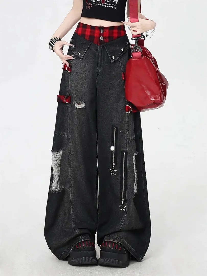

Washed Old Ripped Heavy Industry High-Waist Jeans For Women In Summer New Design Loose And Slimming Wide-Leg Floor Pants