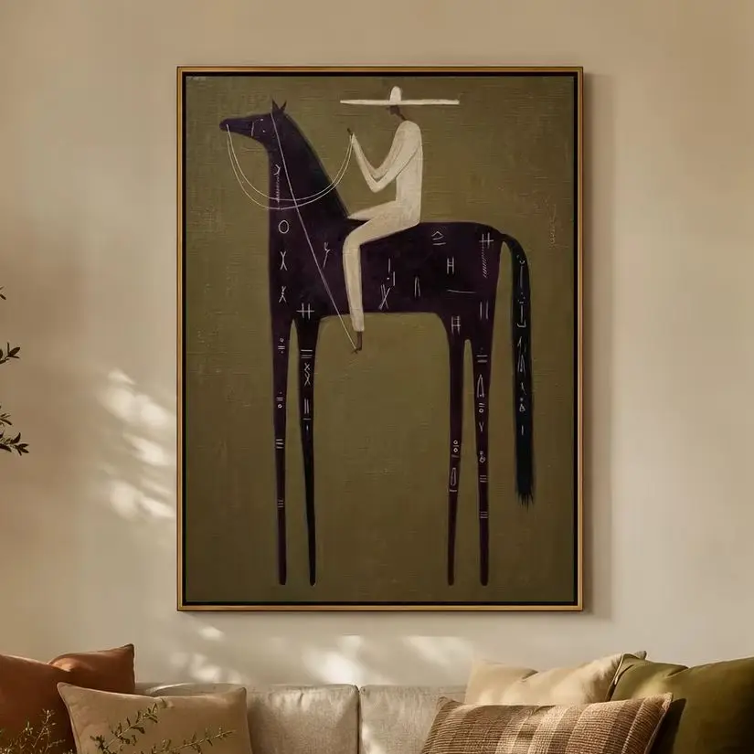 The Glyph Horse – Vintage Americana Rider on Script-Marked Dark Horse Painting | Canvas Wall Printfor Bedroom, Living Room