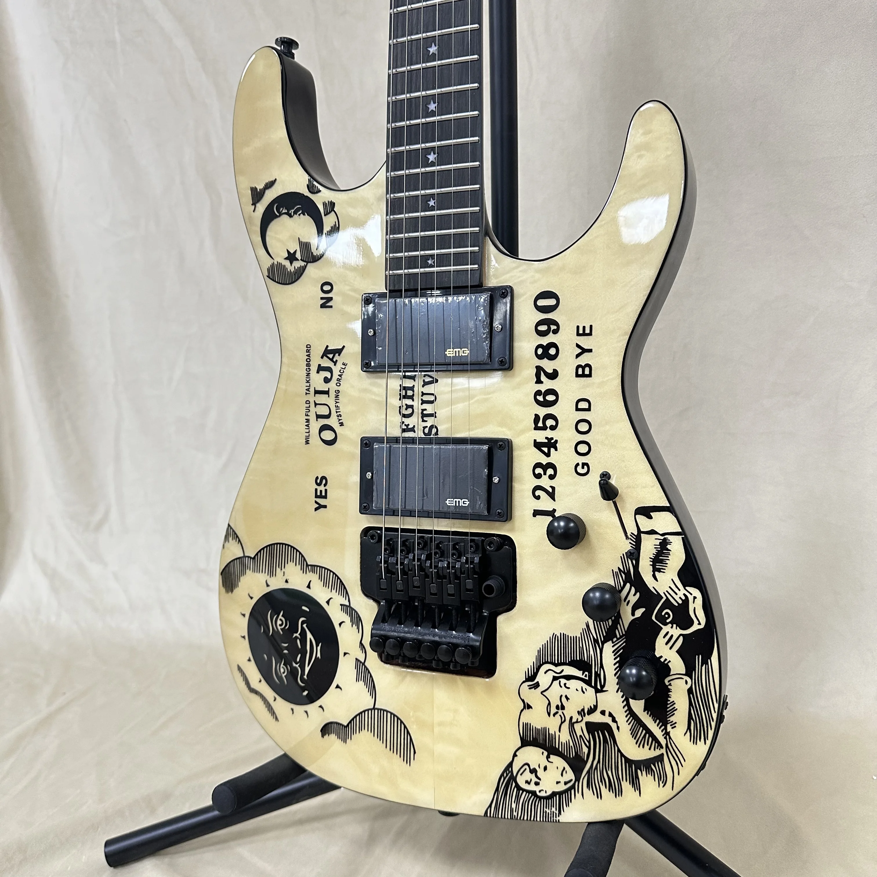 US Warehouse Heavy Metal Ouija Board Graphic Guitar Moon Pattern Big Top Circus Theme Rosewood Fingerboard HH Pickups Gloss Quilted Maple Top
