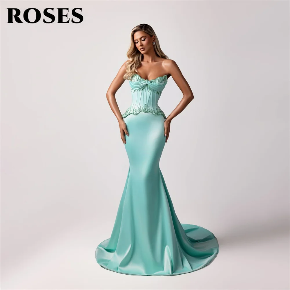 

ROSES Turquoise Evening Dress with Sequin Sweetheart Prom Dress Mermaid Sleeveless Celebrity Dress Satin 프롬 드레스 Customized