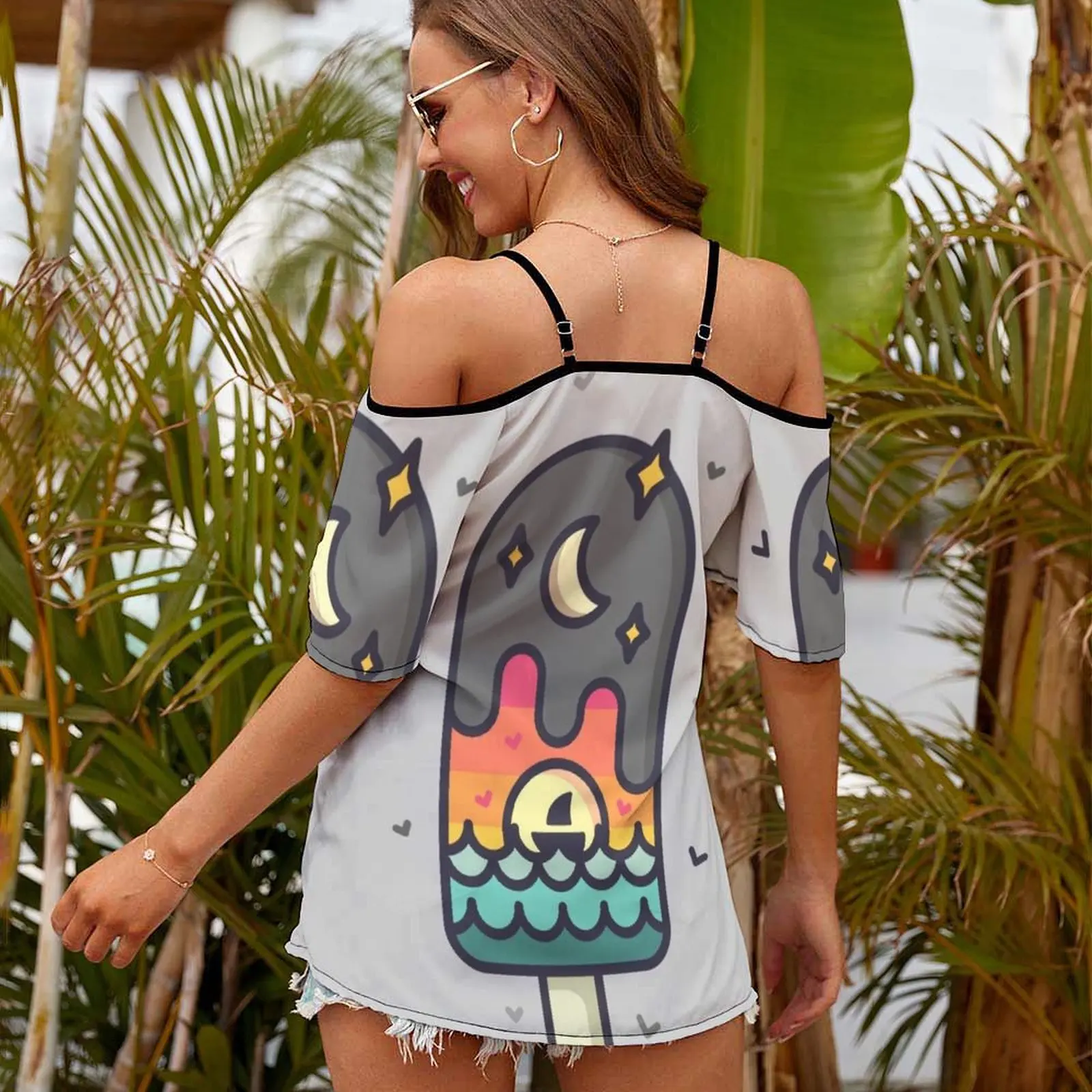 Popslice Surrealism Women Short Sleeve Tops O-Neck Hollow Out Shoulder Strap Tees Streetwear Popslice Summer Landscape Birds