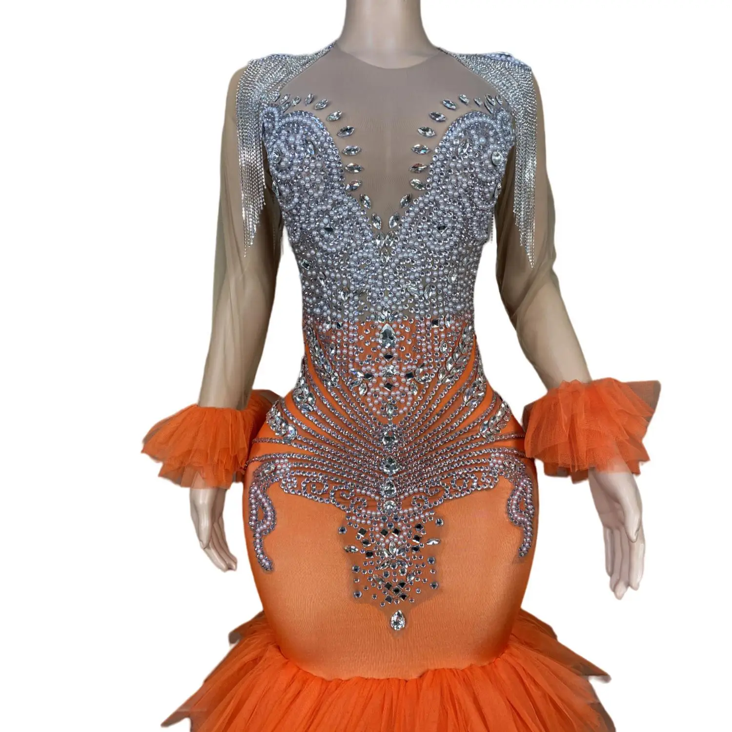 New Trending Wedding Dress 2024 Orange Prom Dress Fashion Diamond Women Clothing Party Club Rhinestone Bodycon Dress Stage Gowns