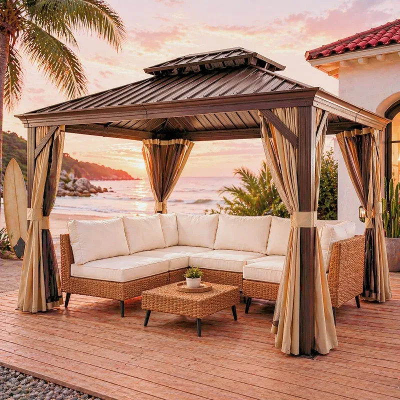 

10'x12' Outdoor Hardtop Gazebo, Permanent Metal Pavilion with Galvanized Steel Double Roof,Curtains & Mosquito Netting, Brown