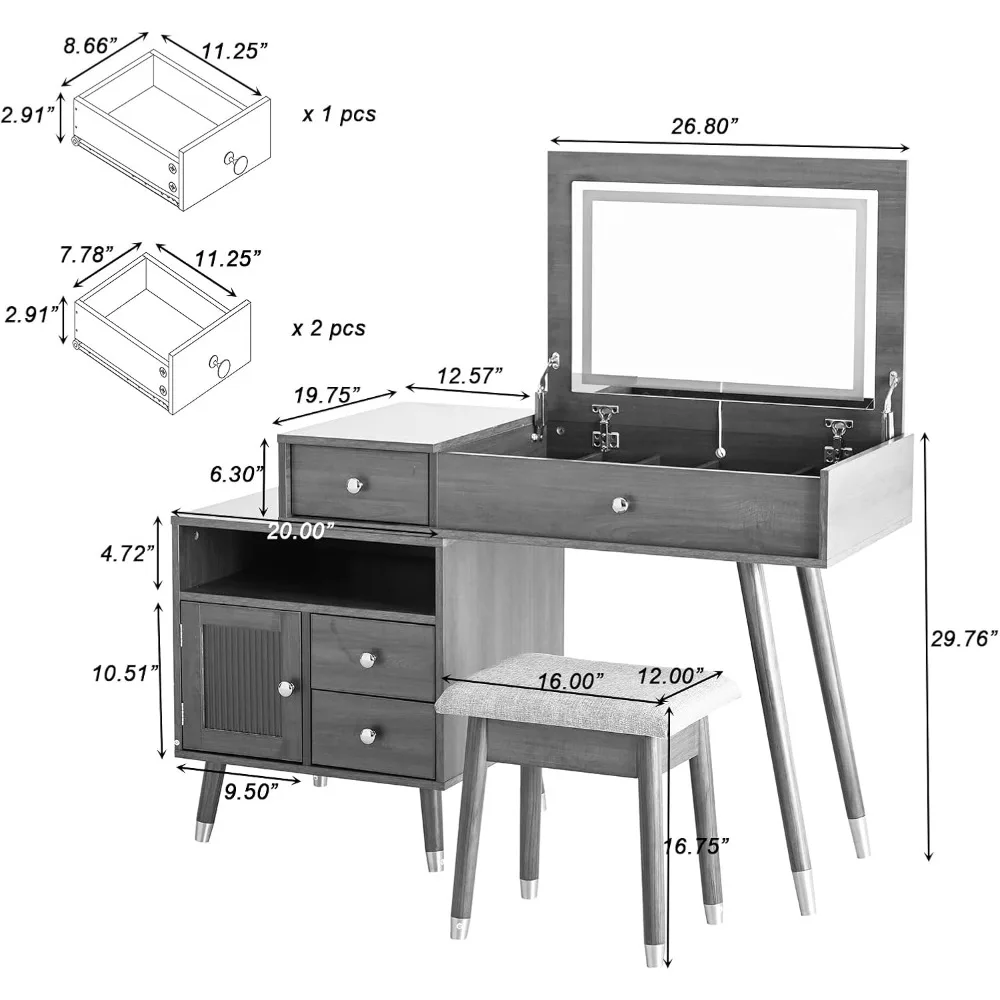 Туалетный столик с откидной крышкой и зеркалом с регулируемым шкафом, туалетным столиком для макияжа и табуретом, золотой ручкой, дизайном верхней части ножек