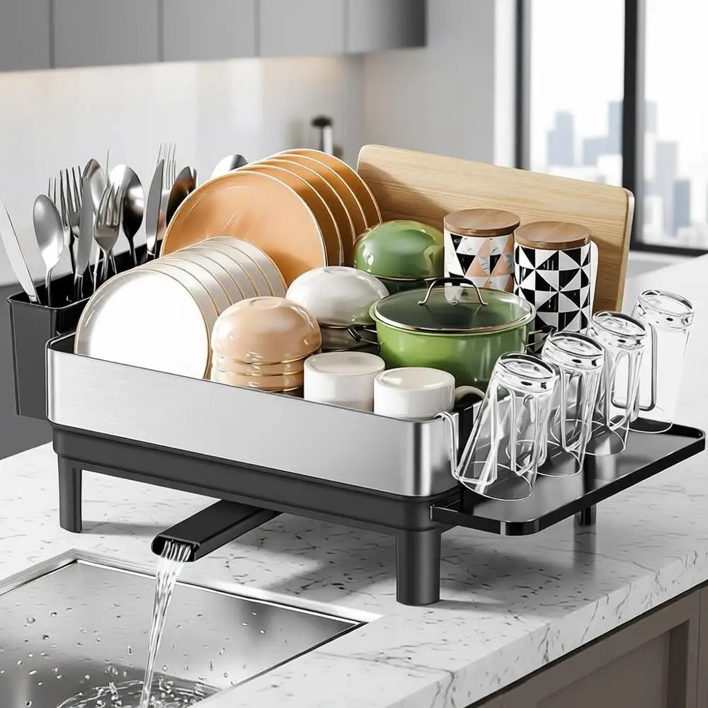 

Stainless Steel Premium Dish Rack with Automatic Drainage, Utensil and Cup Holders, Black