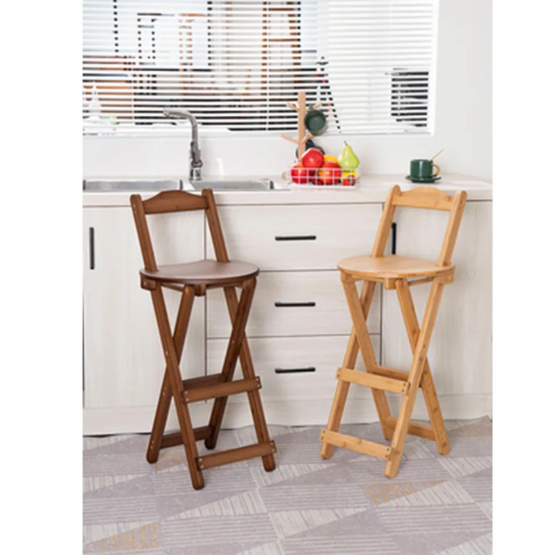 Household Simple Bar Chair Foldable Backrest Bar Stool Restaurant Bar Stool Living Room Solid Wood Kitchen High Stool Chair