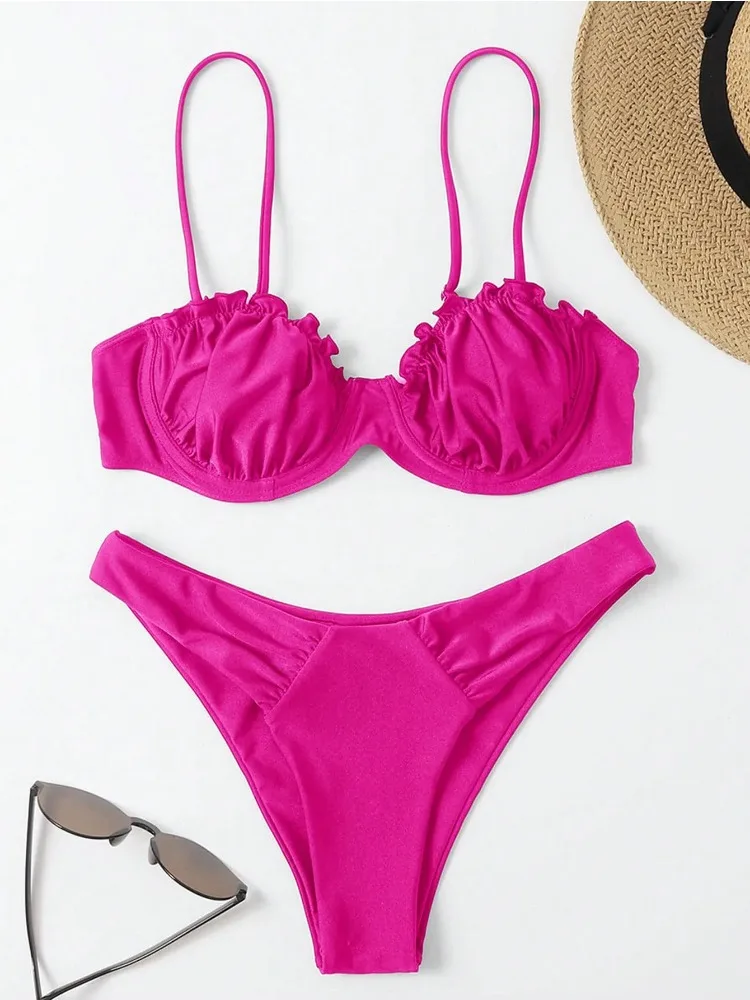 

2025 женский сексуальный комплект бикини пуш-ап на косточках, стринги, купальник, плиссированный пляжный купальный костюм, купальники, летние наряды для отпуска