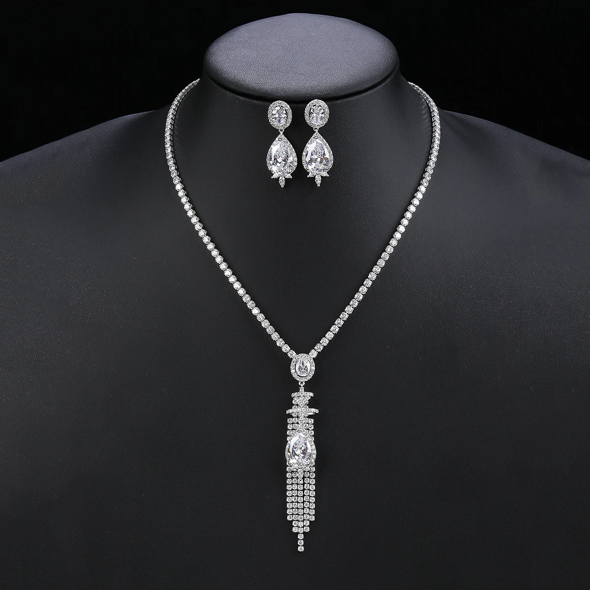 Elegant CZ Cubic Zirconia Long Tassels Pendant Necklace  Earrings Set Bridal Wedding Jewelry Sets for Women Gift CN11008