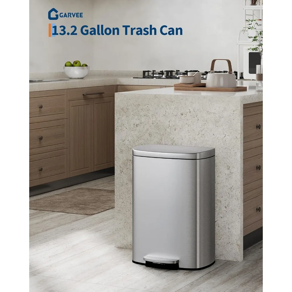 Stainless Steel Kitchen Trash Can 13 Gal 50 L Step-On Soft Close Lid Silver
